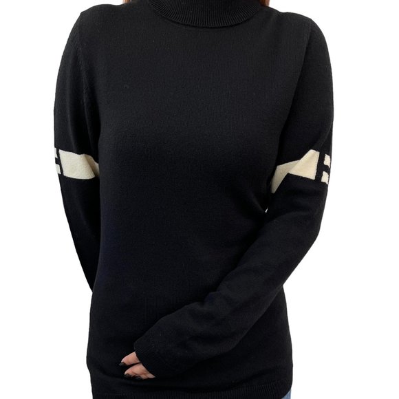 HERMES Vintage H Logo Turtleneck Sweater Top Knit Black White Wool Rank [102308] - Picture 3 of 10